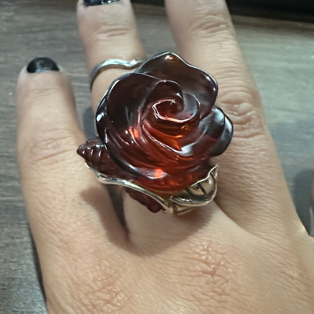 Elegant Rose Ring carved Baltic amber sterling Silver 925 adjustable